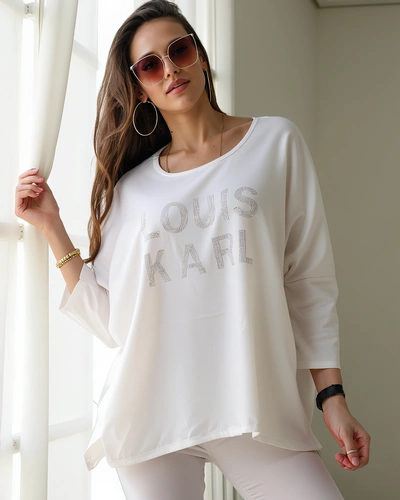 Royalfashion Жена вискозен блуза с камъни с inscriptions