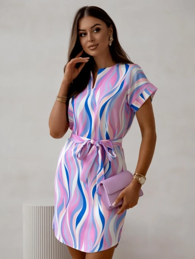 Рокля до коляното за жени с къси ръкави и връзки в различни райета