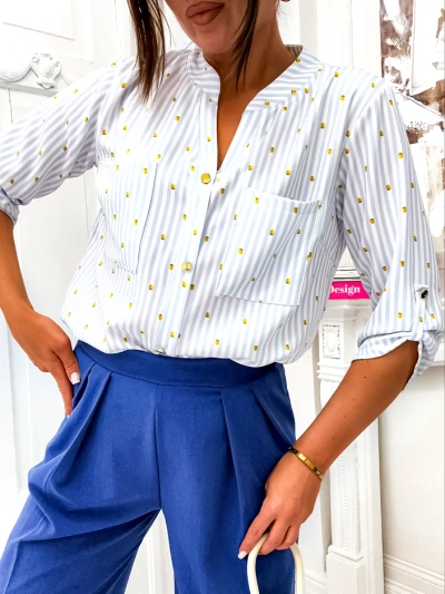 Риза на Royalfashion с райе и лимони за жени и V-образно деколте