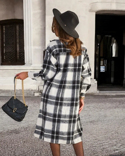 Czarna długa koszula damska w kratę - Odzież