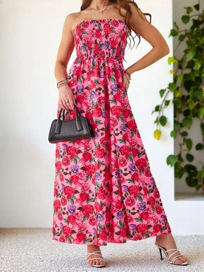 Рокля миди без ръкави с шарка и широка еластична лента, с цепки в долната част