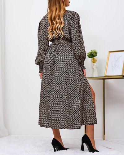 Royalfashion Бежово-черна шарена дамска макси рокля