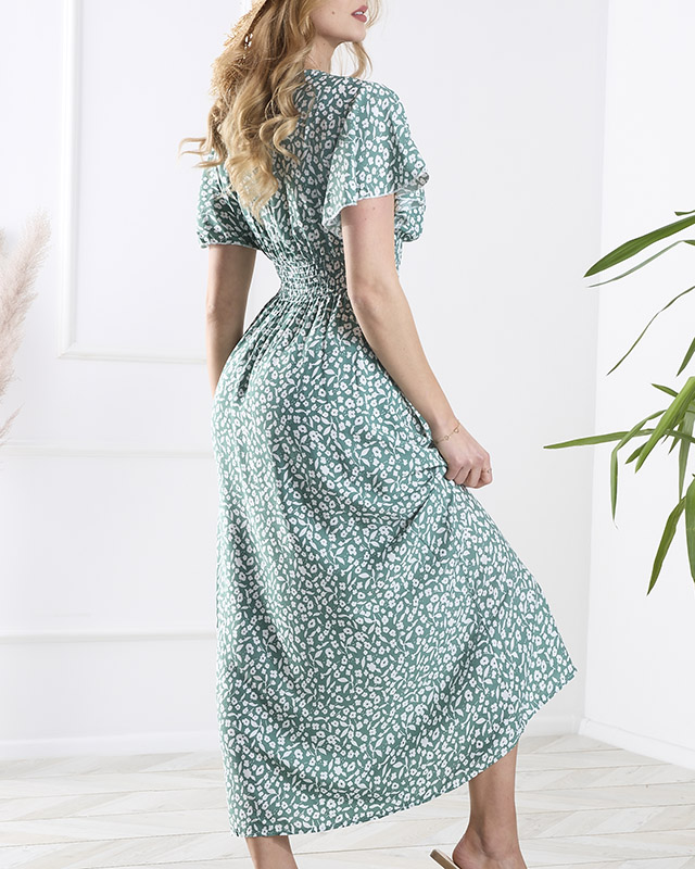 Флорална тъмнозелена дамска рокля с деколте тип "плик" - Облекло