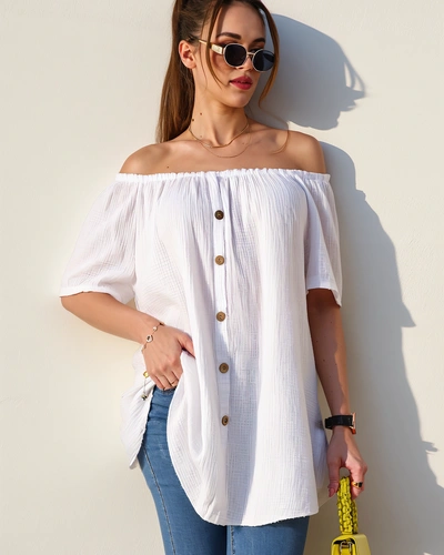 Женска памучна блуза в испански стил с декоративни копчета