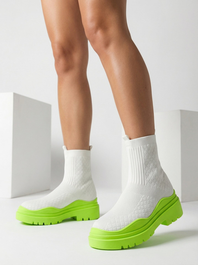 Biało-zielone botki damskie na płaskim obcasie Seritis - Obuwie