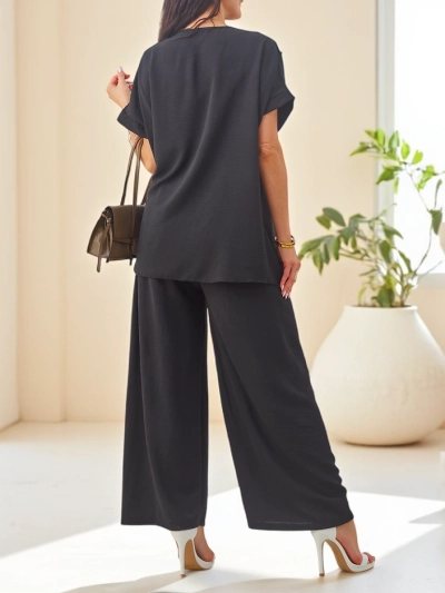 Royalfashion Женски памучен комплект с къс ръкав и широки панталони