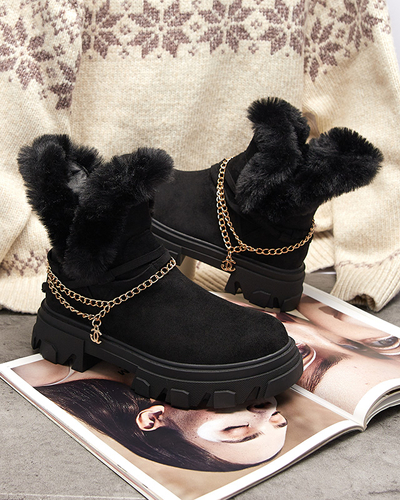 Черни дамски ботуши от еко велур с верижка Videric - Обувки