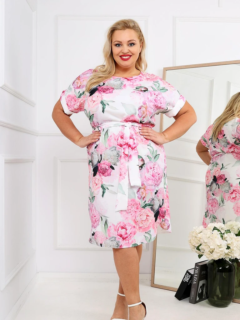 Royalfashion Женска рокля до коляното с къси ръкави и розова връзка