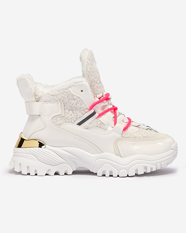 Бели дамски спортни обувки с кожа и неоново розови връзки Sagglo- Footwear