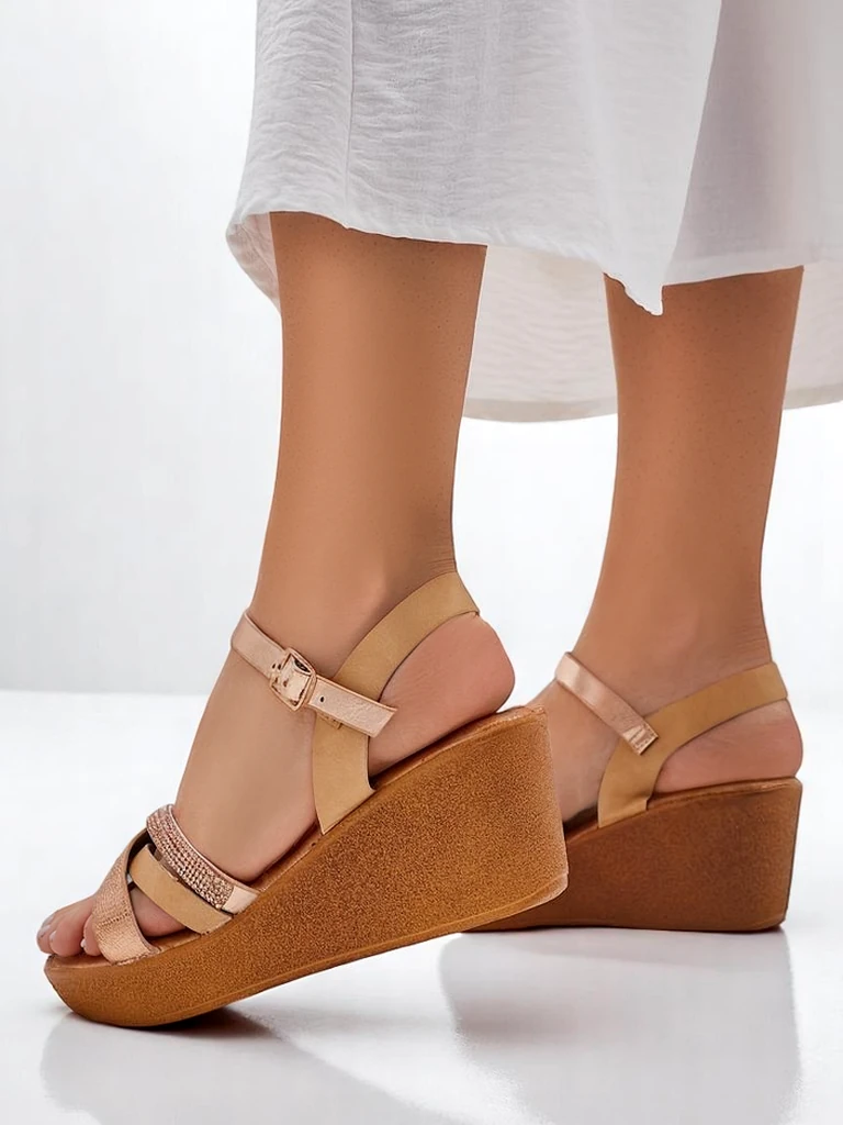 Royalfashion дамски сандали на равна платформа с камъни и брокат Glittera