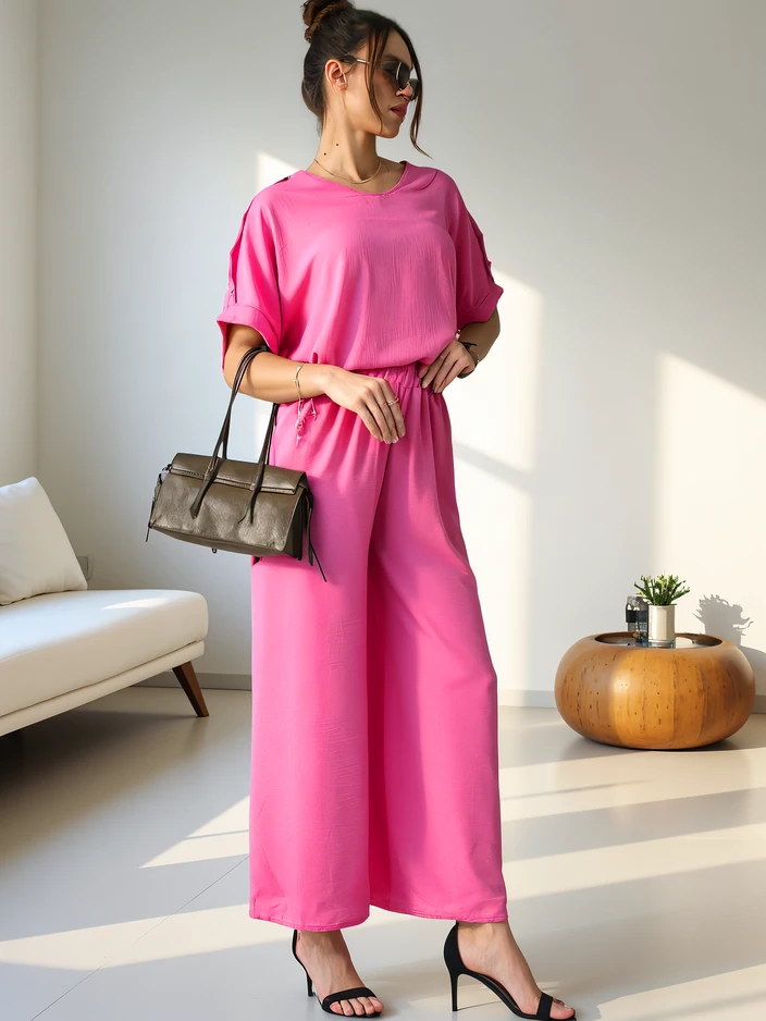 Royalfashion Дамски casual комплект с блуза с къс ръкав и широки панталони