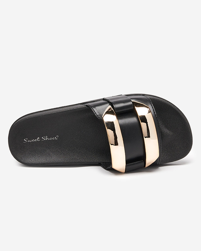 Czarne damskie klapki ze złotą ozdobą Serina - Obuwie