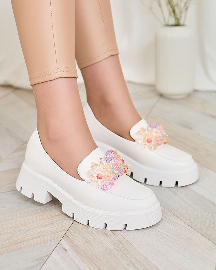 Royalfashion Бели дамски мокасини с цветни кристали Crystal Glam