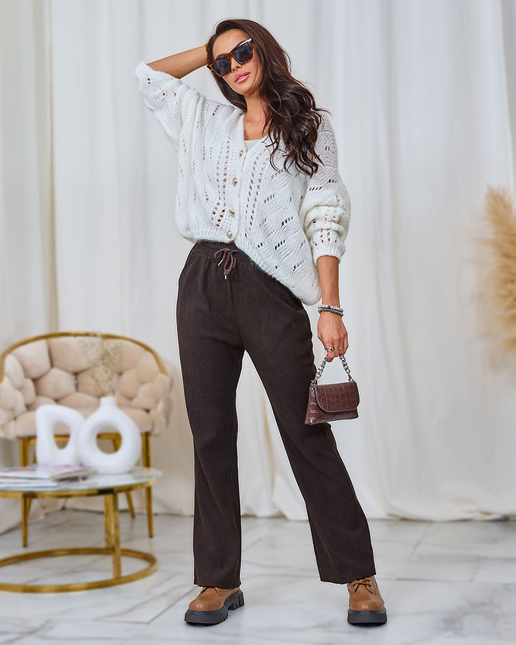 Royalfashion Дамски панталон от велурена материя в тъмнокафяво