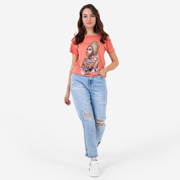 Pomarańczowy damski t-shirt z kolorowym printem i cekinami - Odzież
