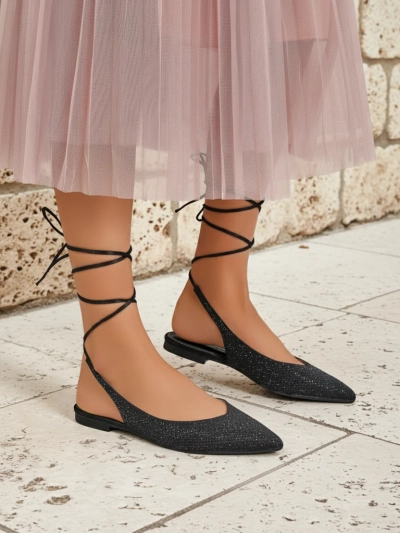 Сандали Damiane Nero - Черни балеринки с връзки от плат, плосък ток