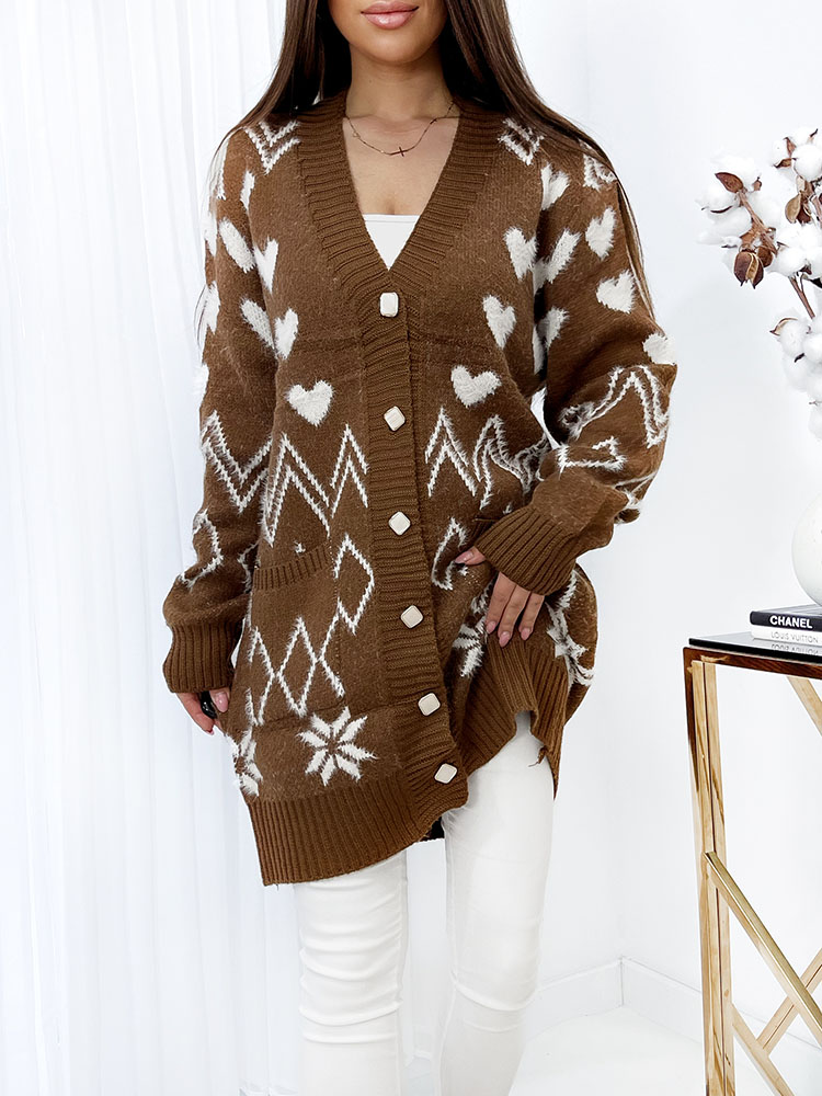 Royalfashion Десениран кафяв дамски пуловер за спане