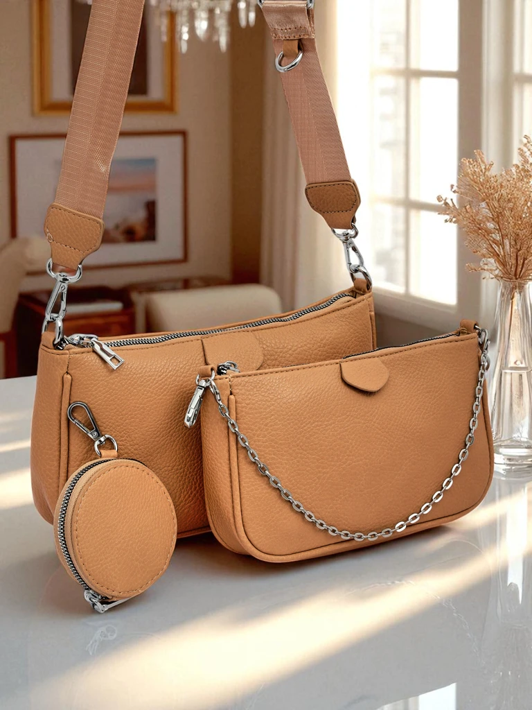 Дамска чанта Aurora Multi от еко кожа, светлокафява, верижка, цип
