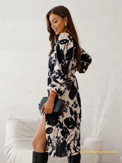 Рокля Apollonia Midi Бежова с Дълъг Ръкав и Флорален Мотив