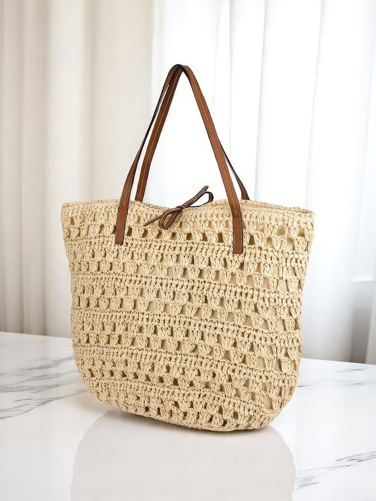 Royalfashion Голяма дамска чанта от слама - Натурален класически стил