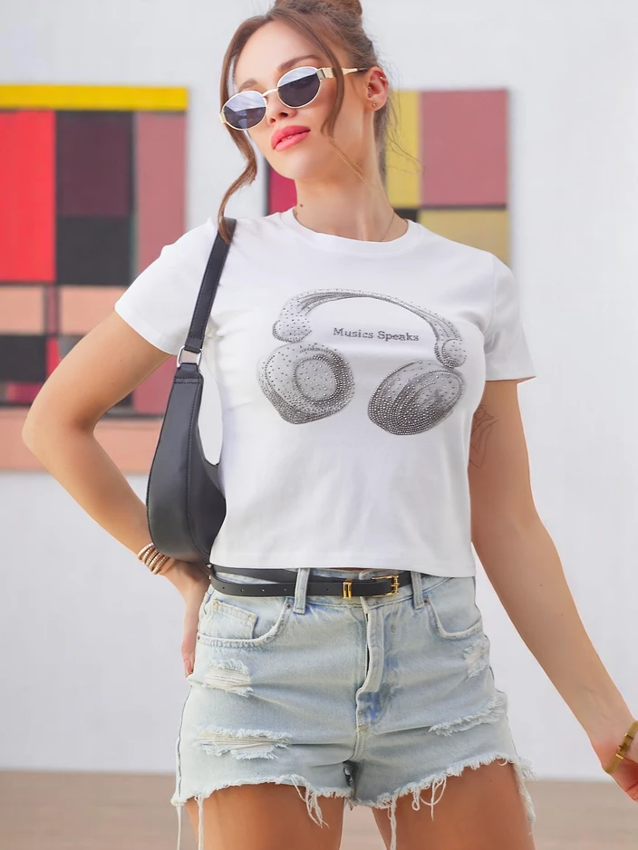 Royalfashion Дамска памучна тениска с принт на музикални цитати