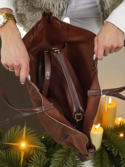 Дамска чанта shopper еко велурена с по-малка еко кожена в комплект 2в1 Elinea