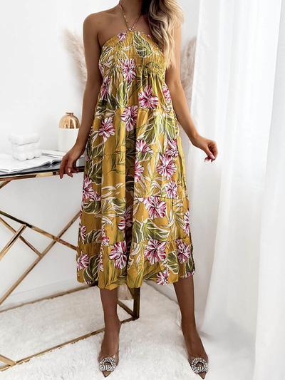 Жълта дамска миди рокля с флорален десен - Облекло