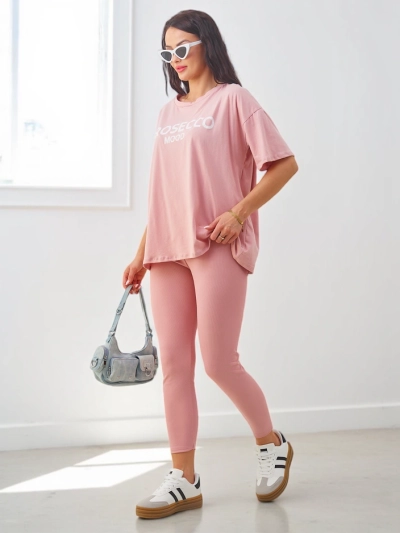 Royalfashion Дамски памучен комплект с къс ръкав и легинси