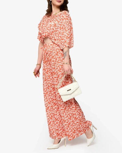 Оранжев дамски плисиран комплект с черни цветя - Облекло