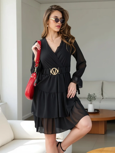 Royalfashion Женска мини рокля с ръбове и завързан врат.