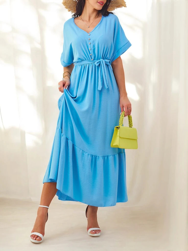 Рокля миди Royalfashion с къси ръкави и декоративни копчета