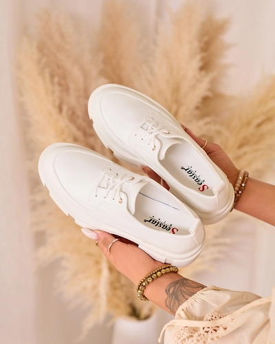 Royalfashion Бели дамски обувки с плътна подметка Модерни полуобувки с дебел ток