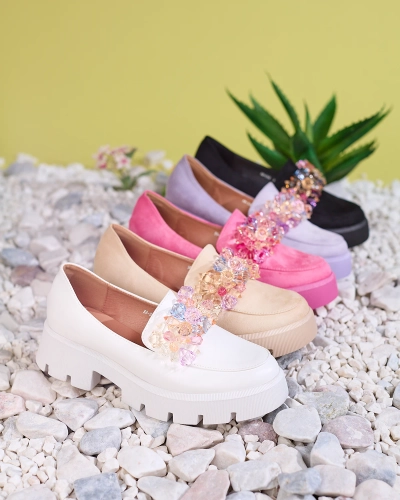 Royalfashion Бели дамски мокасини с цветни кристали Crystal Glam