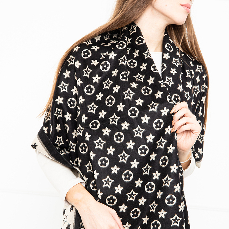 Beżowo-czarny wzorzysty szalik damski - Akcesoria