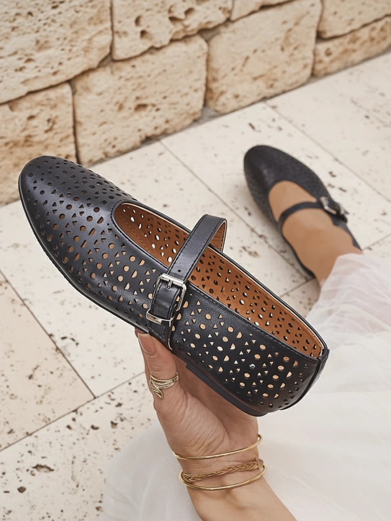 Mary Jane Perseida - черни балеринки Royalfashion от еко кожа с бадемов нос