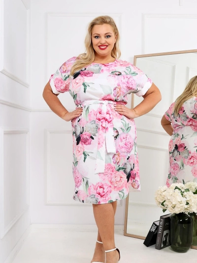 Royalfashion Женска рокля до коляното с къси ръкави и розова връзка