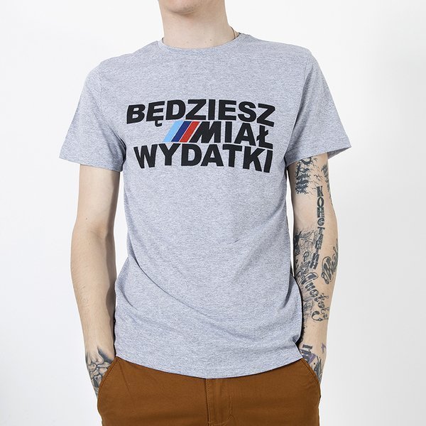 Szara bawełniana koszulka męska z printem - Odzież