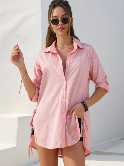 Роялфешън дълга памучна риза за жени с ивици и колан на талията