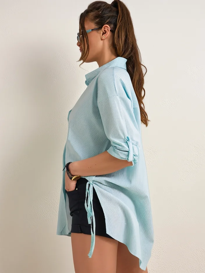 Риза с дълги ръкави за жени от памук с райе и връзка на талията