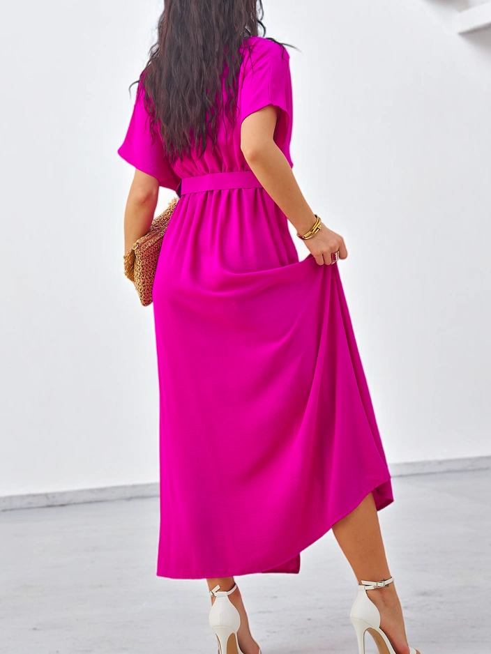 Рокля до коленa за жени с къси ръкави, V-образно деколте и централен разрез