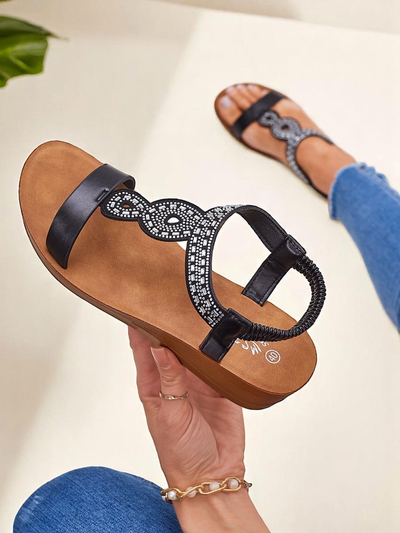 Сандали на платформа Perseida Royalfashion черни от еко кожа с кристали 4,5 см