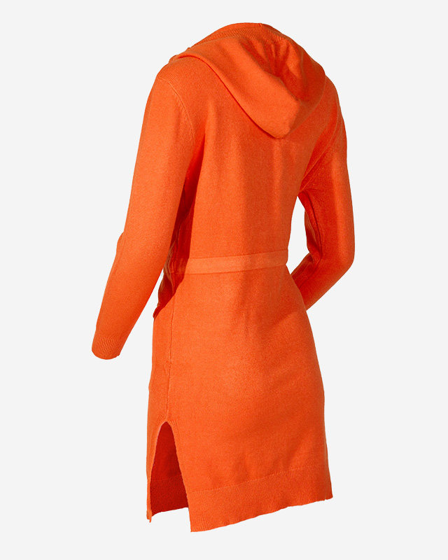 Оранжев дамски пуловер туника с качулка - Облекло