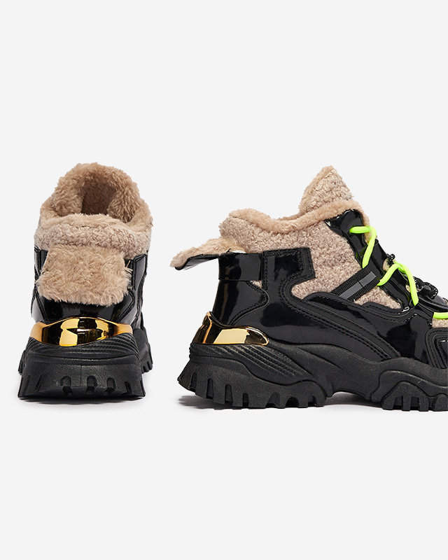 Черни дамски спортни обувки с кожа и неоново жълти връзки Adbo- Footwear