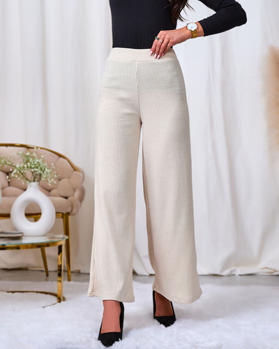 Royalfashion Кремав широк дамски панталон с ребра