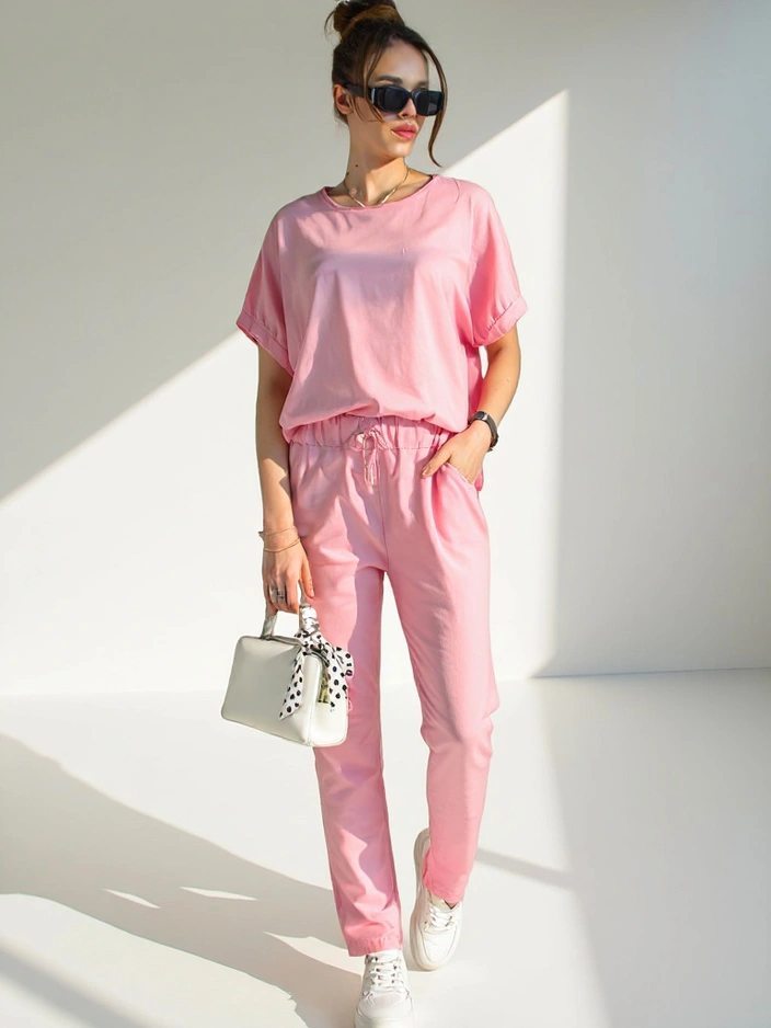 Royalfashion Женски памучен комплект с къси ръкави и прави панталони