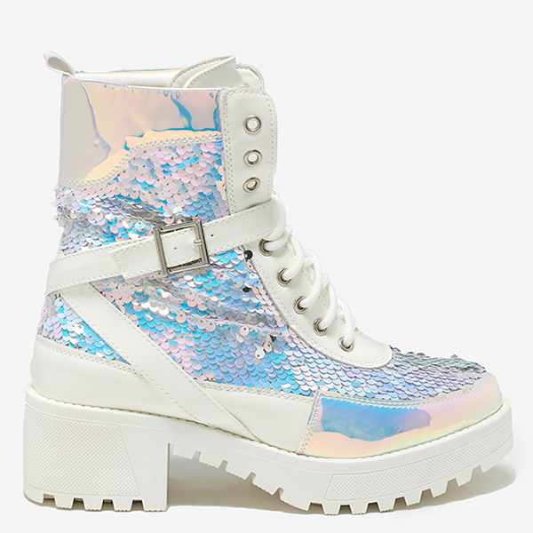 Białe damskie botki z cekinami Impresa - Obuwie