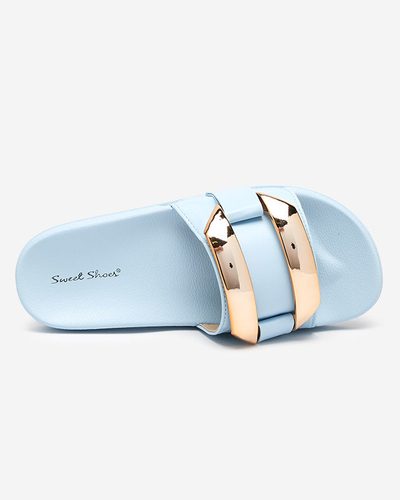 OUTLET Niebieskie damskie klapki ze złotą ozdobą Serina - Obuwie