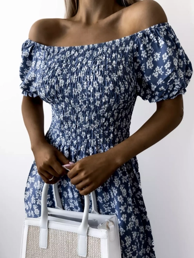 Синя дамска макси рокля с флорален десен - Облекло