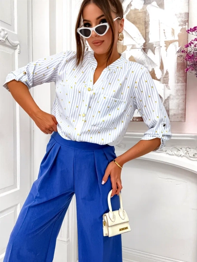 Риза на Royalfashion с райе и лимони за жени и V-образно деколте