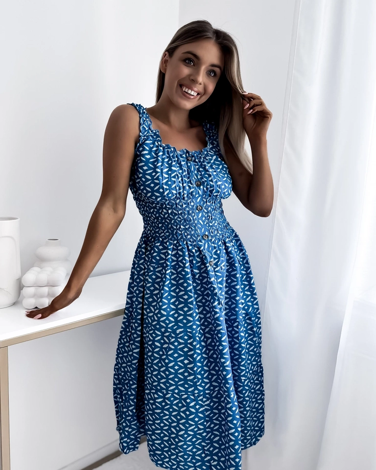 Дамска рокля с дължина до коляното и принт в синьо- Облекло